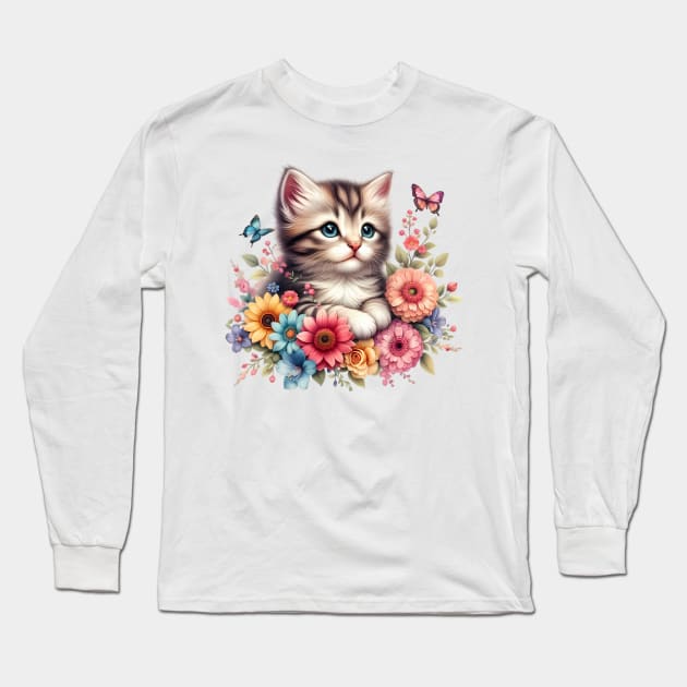 A cat decorated with beautiful colorful flowers. Long Sleeve T-Shirt by CreativeSparkzz